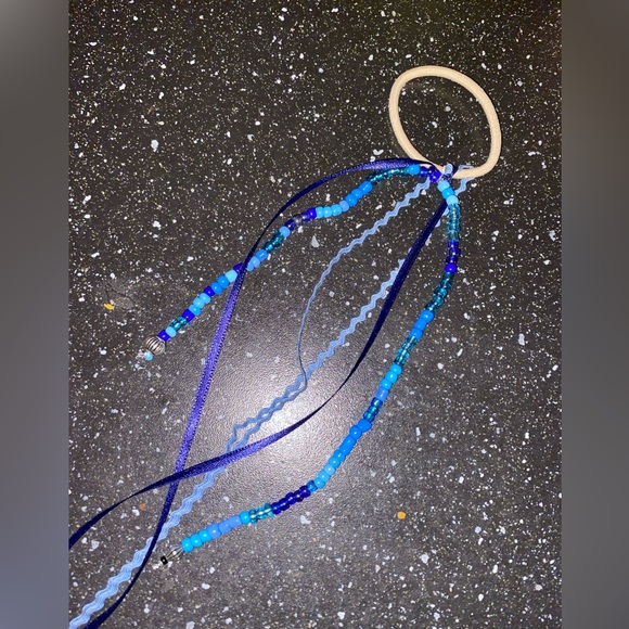 NEW! Handmade Embellished Hair Elastic w Ribbons & Beaded Strands in Blue - Picture 2 of 3
